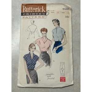 Vintage 1950's Butterick Quick Easy Pattern #5580 Womens Blouses Size 16 Bust 34